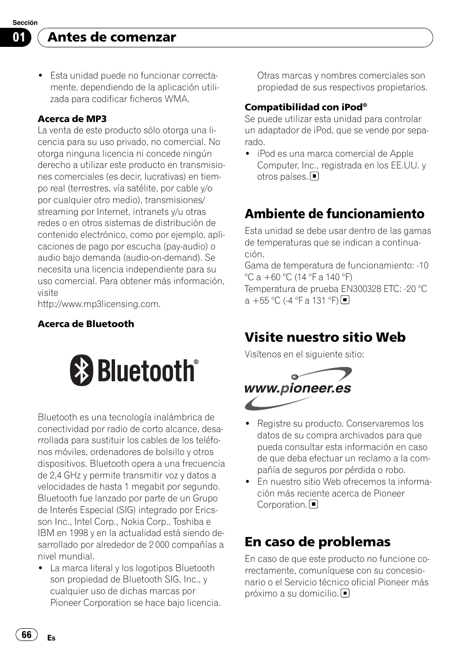 Ambiente de funcionamiento, Visite nuestro sitio web, En caso de problemas | Antes de comenzar | Pioneer DEH-P65BT User Manual | Page 66 / 130