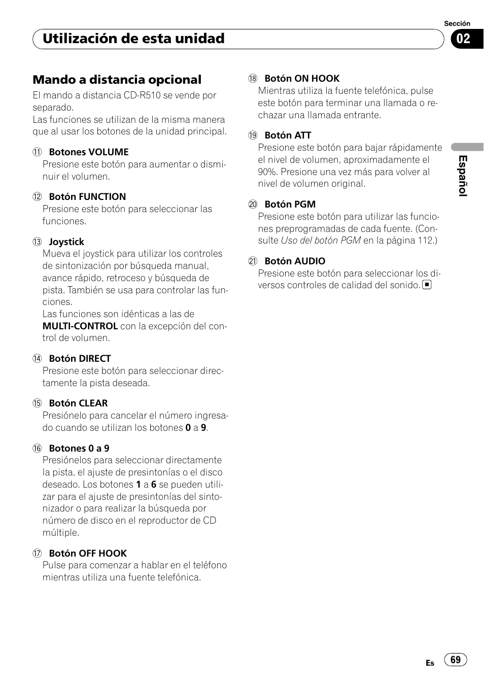 Mando a distancia opcional 69, Utilización de esta unidad, Mando a distancia opcional | Pioneer DEH-P65BT User Manual | Page 69 / 130