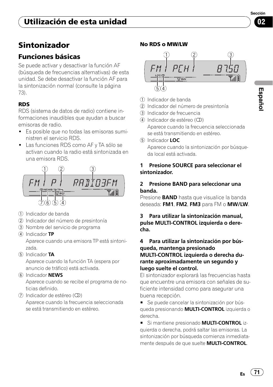 Sintonizador, Funciones básicas 71, Utilización de esta unidad | Funciones básicas | Pioneer DEH-P65BT User Manual | Page 71 / 130