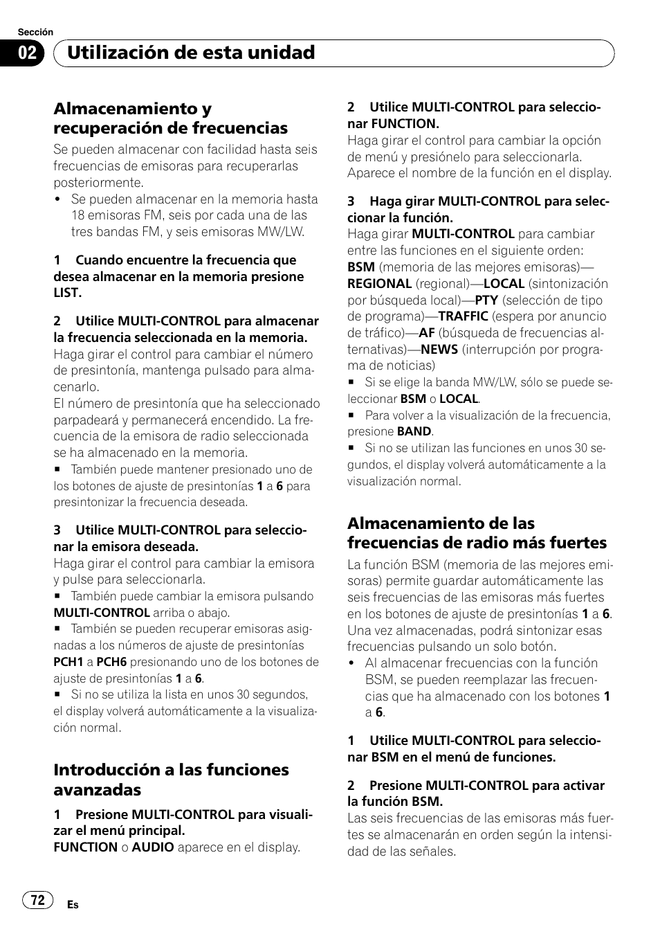 Almacenamiento y recuperación de, Frecuencias, Introducción a las funciones | Avanzadas, Almacenamiento de las frecuencias de, Radio más fuertes, Utilización de esta unidad, Almacenamiento y recuperación de frecuencias, Introducción a las funciones avanzadas | Pioneer DEH-P65BT User Manual | Page 72 / 130