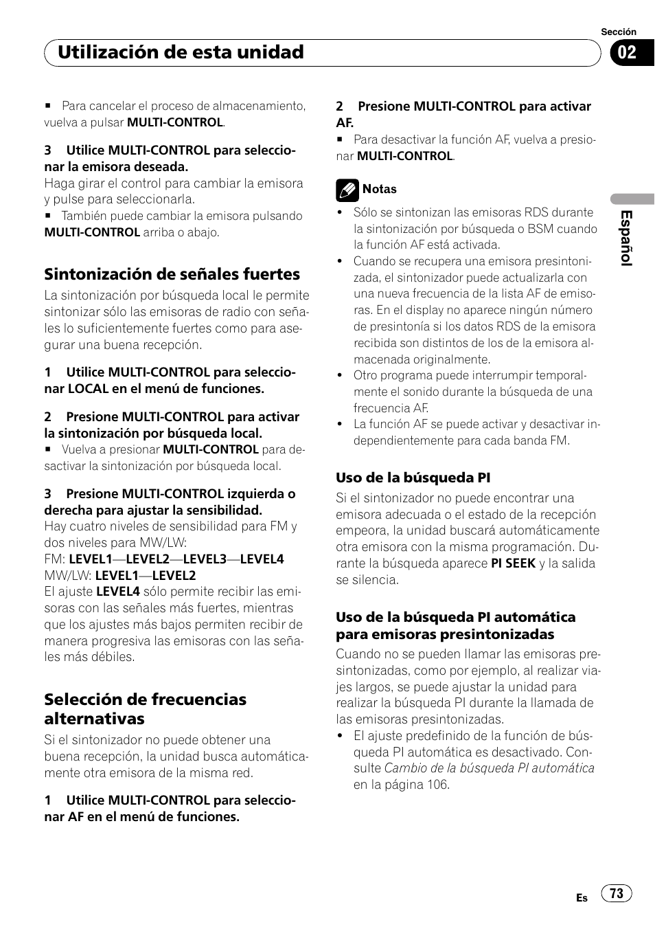 Sintonización de señales fuertes 73, Selección de frecuencias, Alternativas | Utilización de esta unidad, Sintonización de señales fuertes, Selección de frecuencias alternativas | Pioneer DEH-P65BT User Manual | Page 73 / 130