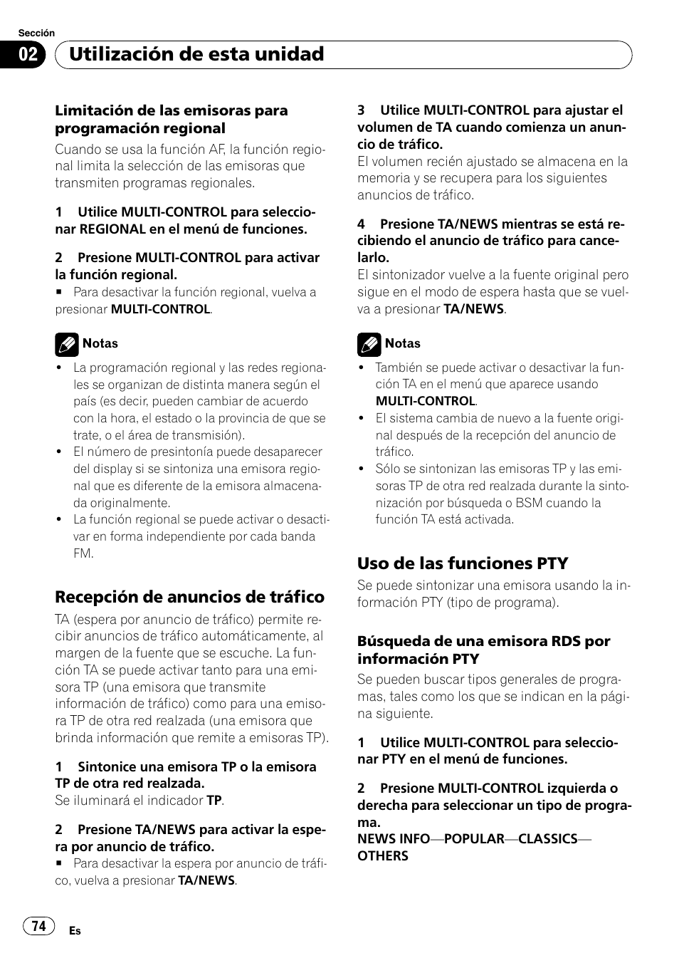 Recepción de anuncios de tráfico 74, Uso de las funciones pty 74, Utilización de esta unidad | Recepción de anuncios de tráfico, Uso de las funciones pty | Pioneer DEH-P65BT User Manual | Page 74 / 130