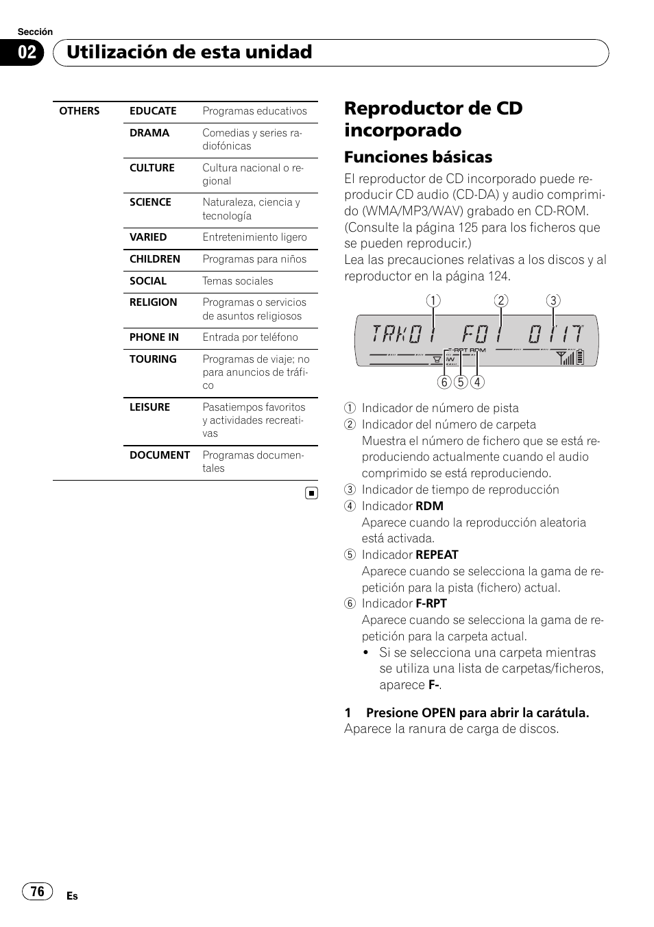 Reproductor de cd incorporado, Funciones básicas 76, Utilización de esta unidad | Funciones básicas | Pioneer DEH-P65BT User Manual | Page 76 / 130