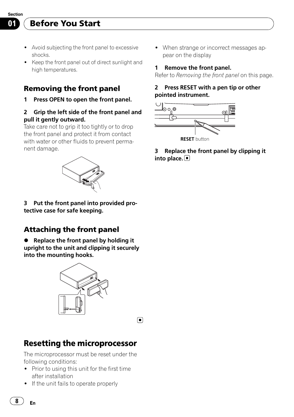 Removing the front panel 8, Attaching the front panel 8, Resetting the microprocessor | Before you start, Removing the front panel, Attaching the front panel | Pioneer DEH-P65BT User Manual | Page 8 / 130