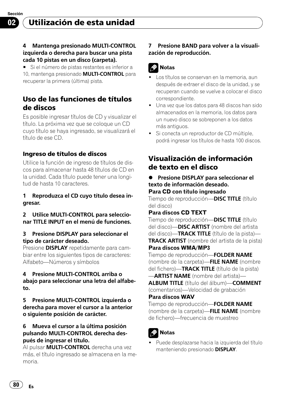 Uso de las funciones de títulos de, Discos, Visualización de información de texto | En el disco, Utilización de esta unidad, Uso de las funciones de títulos de discos, Visualización de información de texto en el disco | Pioneer DEH-P65BT User Manual | Page 80 / 130