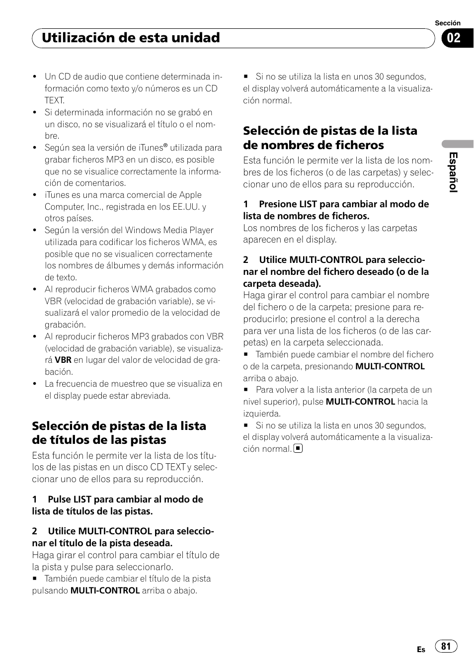Selección de pistas de la lista de títulos, De las pistas, Selección de pistas de la lista de | Nombres de ficheros, Utilización de esta unidad | Pioneer DEH-P65BT User Manual | Page 81 / 130