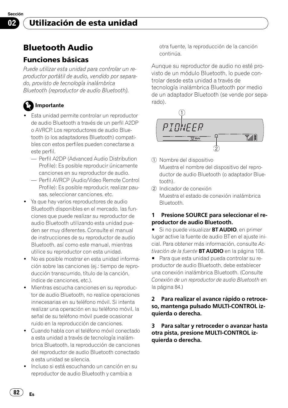 Bluetooth audio, Funciones básicas 82, Utilización de esta unidad | Funciones básicas | Pioneer DEH-P65BT User Manual | Page 82 / 130