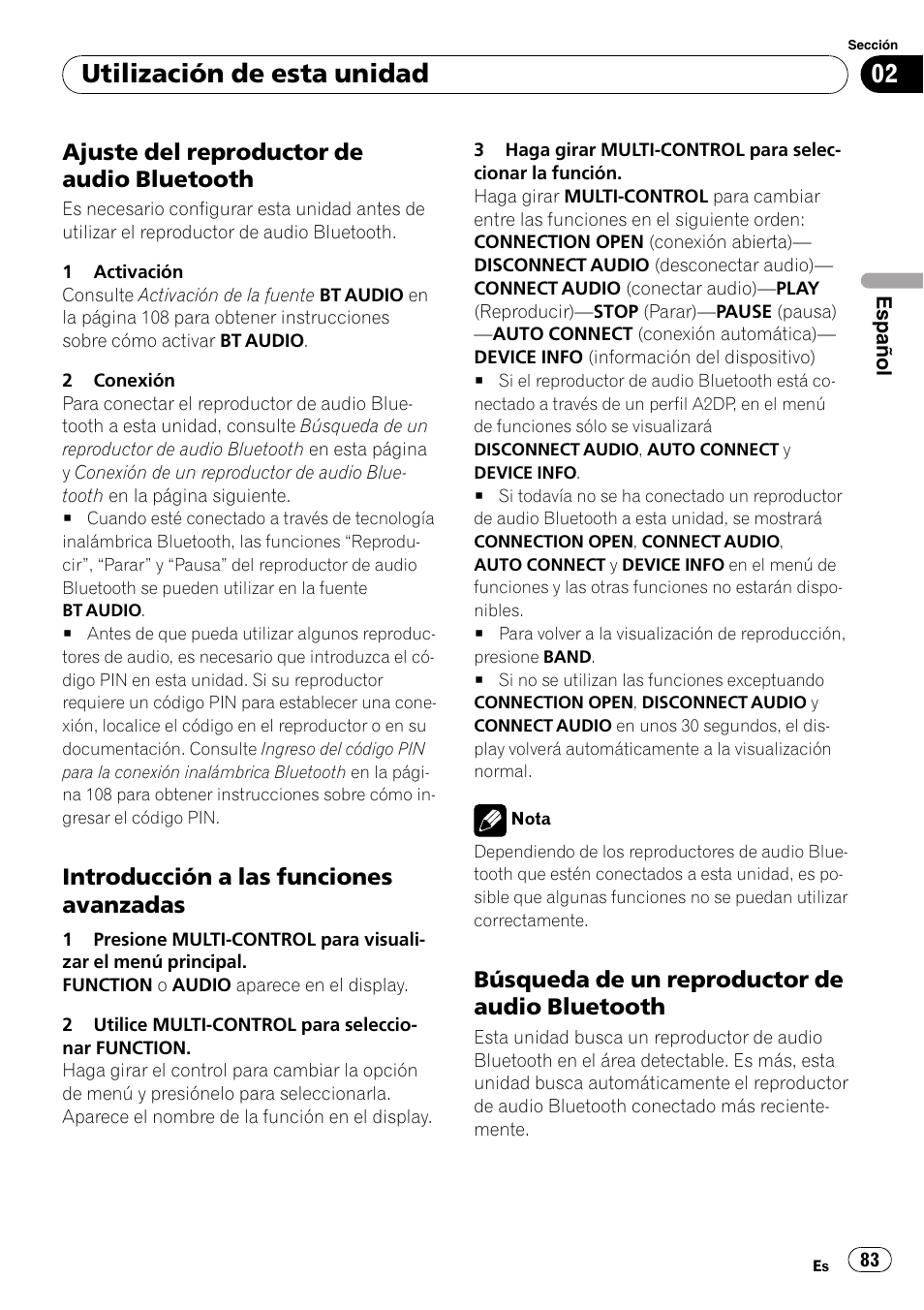 Ajuste del reproductor de audio, Bluetooth, Introducción a las funciones | Avanzadas, Búsqueda de un reproductor de audio, Utilización de esta unidad, Ajuste del reproductor de audio bluetooth, Introducción a las funciones avanzadas, Búsqueda de un reproductor de audio bluetooth | Pioneer DEH-P65BT User Manual | Page 83 / 130