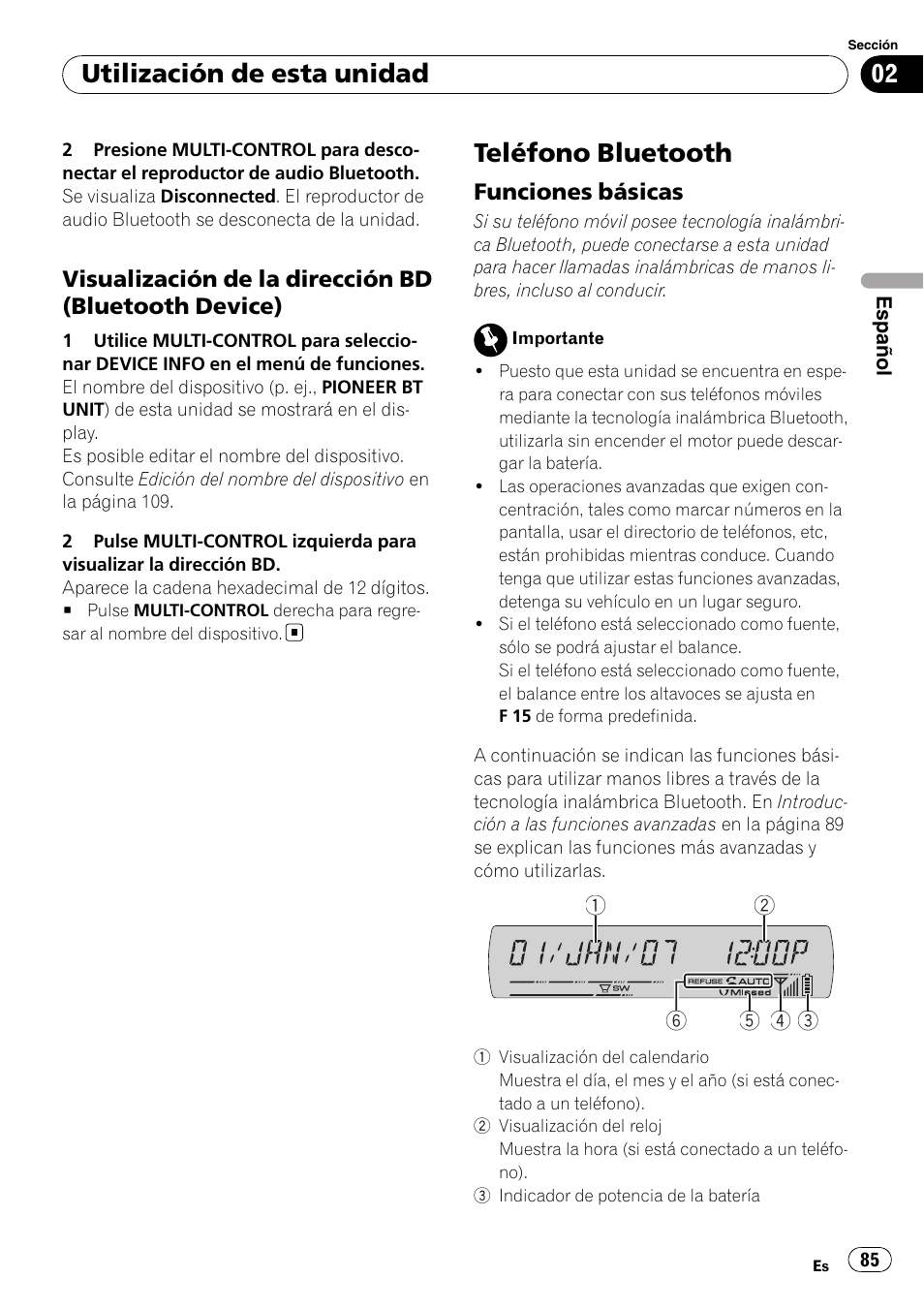 Visualización de la dirección bd, Bluetooth device), Teléfono bluetooth | Funciones básicas 85, Utilización de esta unidad, Funciones básicas | Pioneer DEH-P65BT User Manual | Page 85 / 130