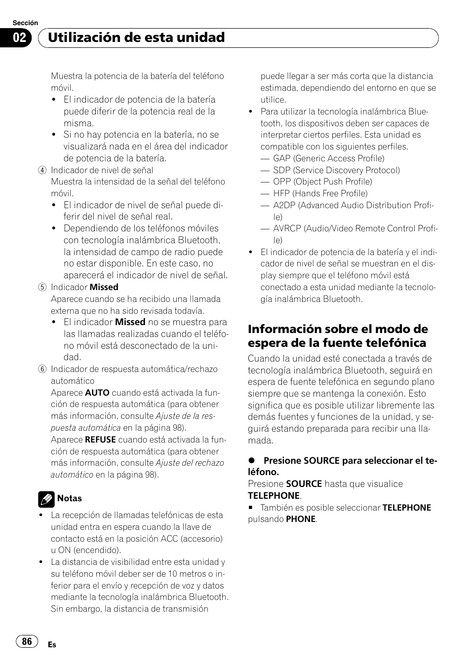 Información sobre el modo de espera, De la fuente telefónica, Utilización de esta unidad | Pioneer DEH-P65BT User Manual | Page 86 / 130