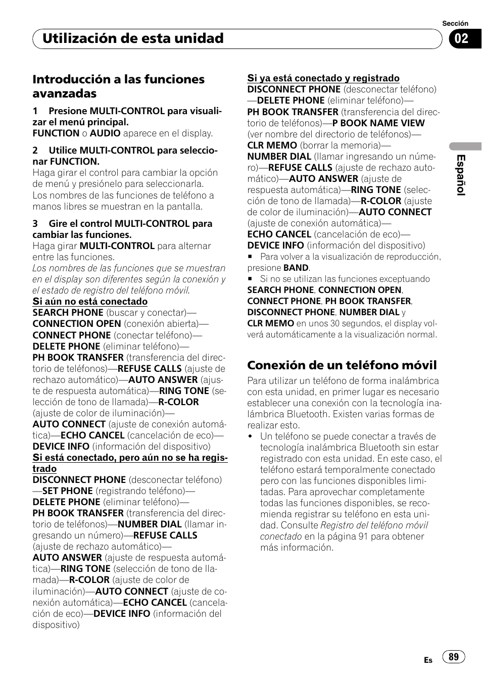 Introducción a las funciones, Avanzadas, Conexión de un teléfono móvil 89 | Utilización de esta unidad, Introducción a las funciones avanzadas, Conexión de un teléfono móvil | Pioneer DEH-P65BT User Manual | Page 89 / 130