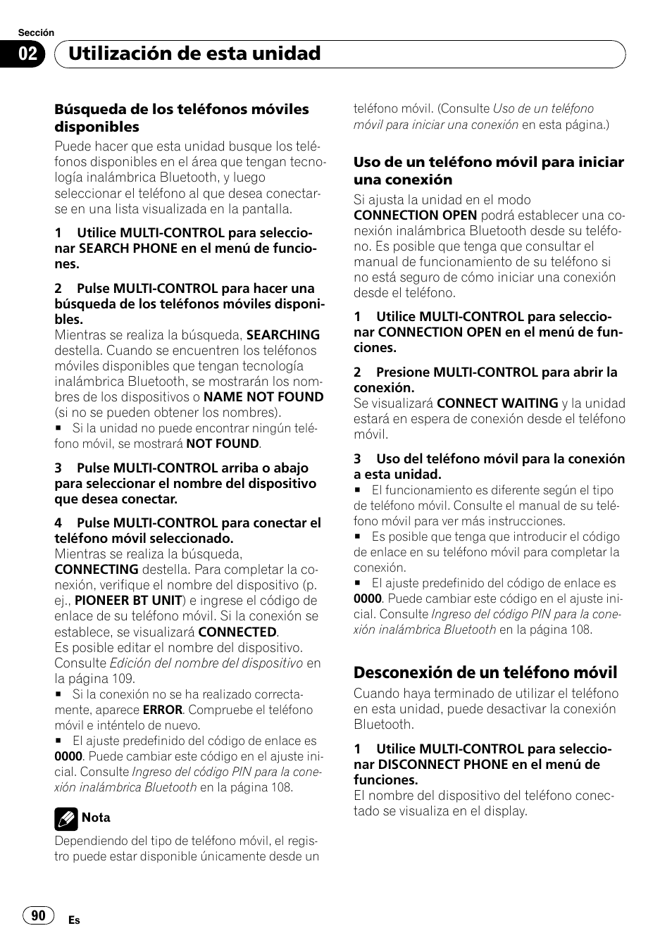 Desconexión de un teléfono móvil 90, Utilización de esta unidad, Desconexión de un teléfono móvil | Pioneer DEH-P65BT User Manual | Page 90 / 130