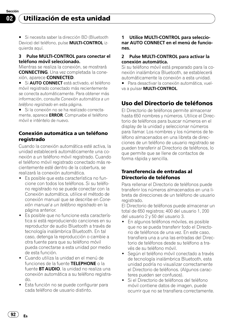 Uso del directorio de teléfonos 92, Utilización de esta unidad, Uso del directorio de teléfonos | Pioneer DEH-P65BT User Manual | Page 92 / 130
