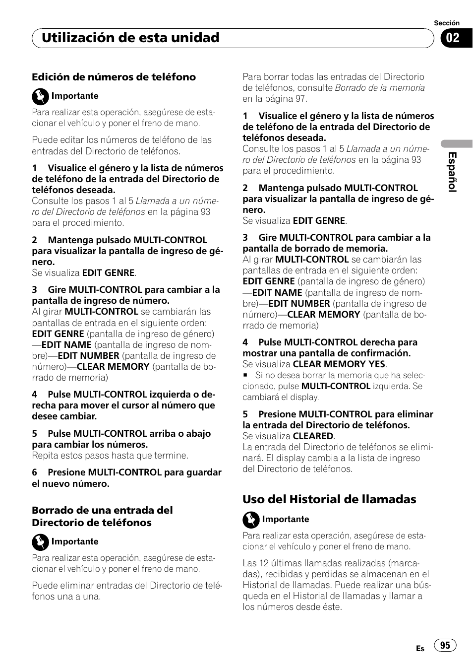 Uso del historial de llamadas 95, Utilización de esta unidad, Uso del historial de llamadas | Pioneer DEH-P65BT User Manual | Page 95 / 130