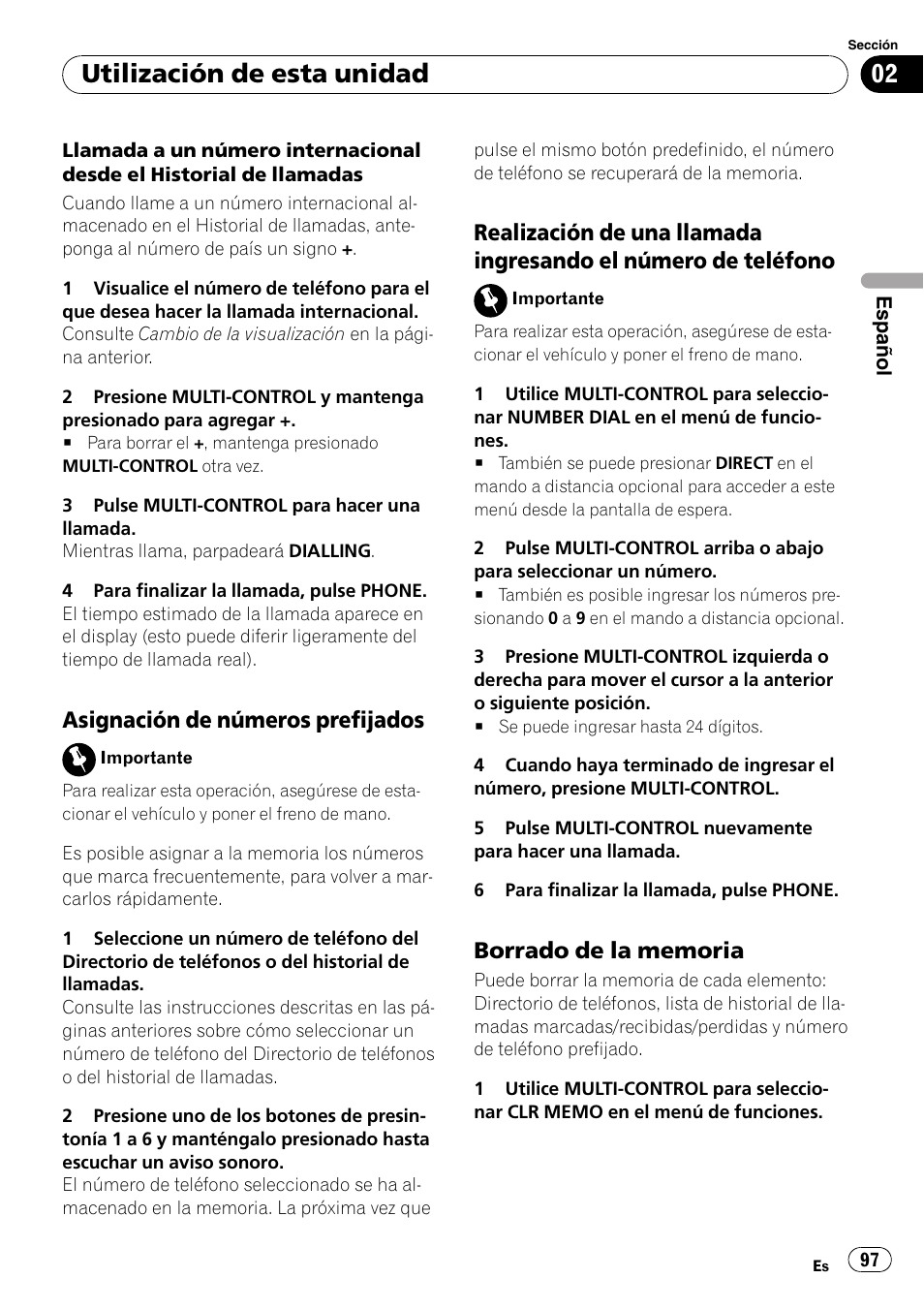 Asignación de números prefijados 97, Realización de una llamada ingresando, El número de teléfono | Borrado de la memoria 97, Utilización de esta unidad, Asignación de números prefijados | Pioneer DEH-P65BT User Manual | Page 97 / 130