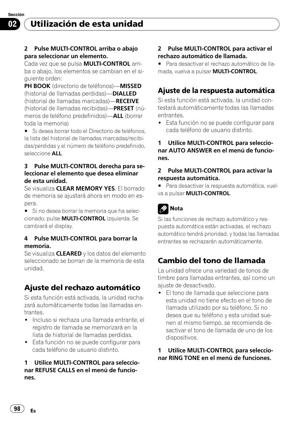 Ajuste del rechazo automático 98, Ajuste de la respuesta automática 98, Cambio del tono de llamada 98 | Utilización de esta unidad, Ajuste del rechazo automático, Ajuste de la respuesta automática, Cambio del tono de llamada | Pioneer DEH-P65BT User Manual | Page 98 / 130