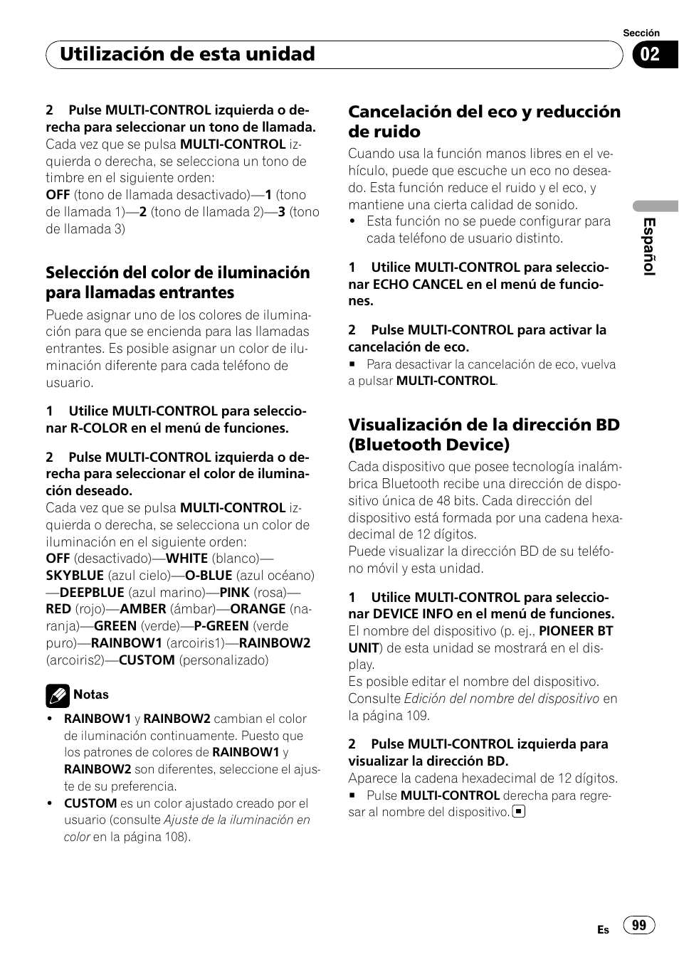 Selección del color de iluminación para, Llamadas entrantes, Cancelación del eco y reducción de | Ruido, Visualización de la dirección bd, Bluetooth device), Utilización de esta unidad, Cancelación del eco y reducción de ruido | Pioneer DEH-P65BT User Manual | Page 99 / 130