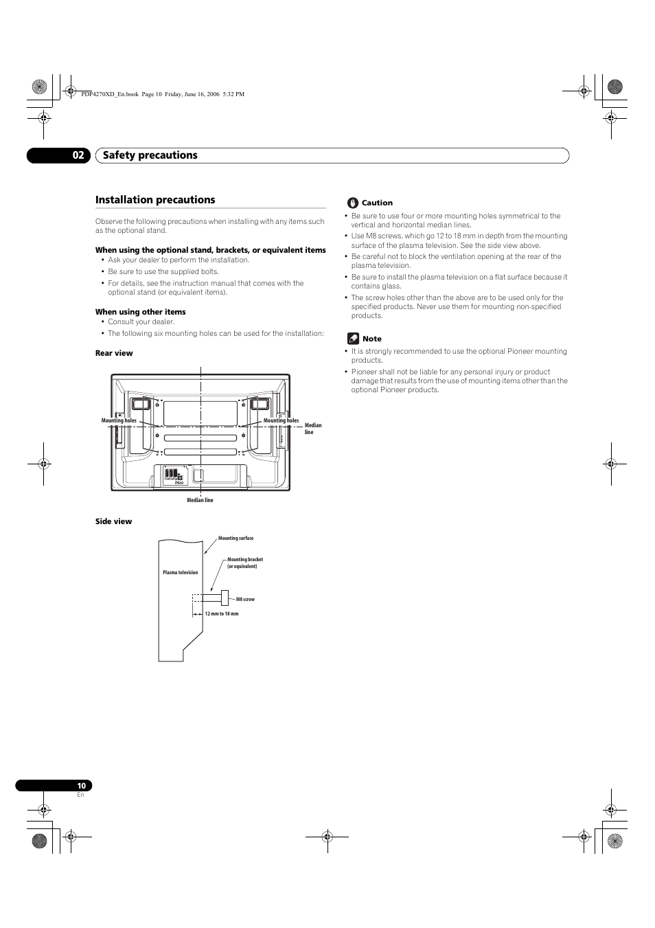 02 safety precautions, Installation precautions, Safety precautions 02 | Pioneer PDP-4270XD User Manual | Page 10 / 176