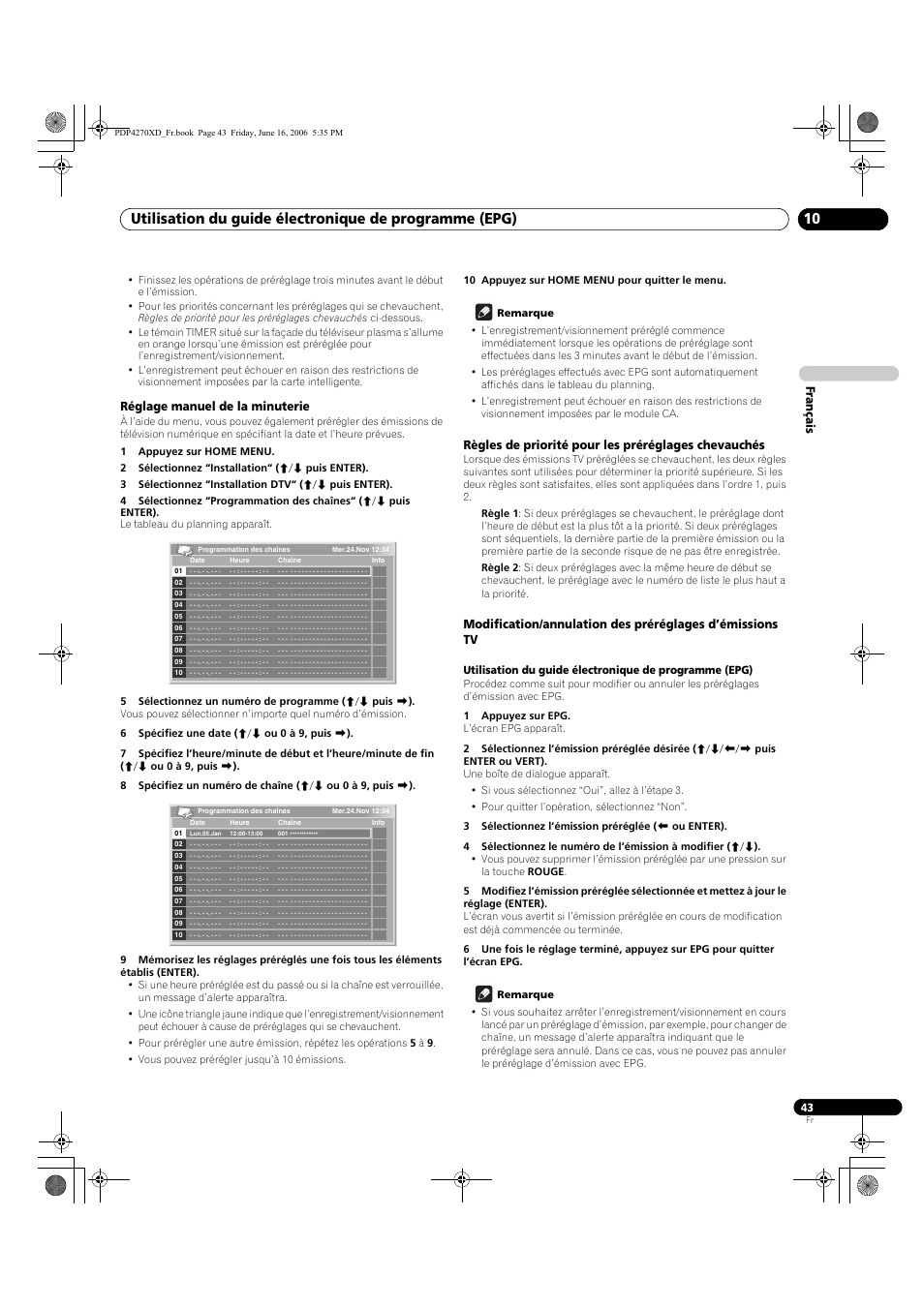 Réglage manuel de la minuterie, Règles de priorité pour les préréglages chevauchés, Français | Pioneer PDP-4270XD User Manual | Page 101 / 176