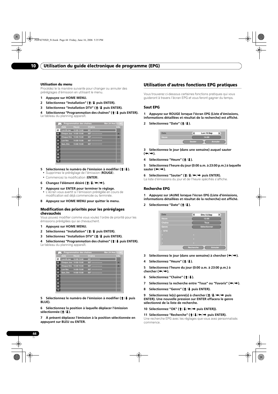 Utilisation d’autres fonctions epg pratiques, Saut epg, Recherche epg | Pioneer PDP-4270XD User Manual | Page 102 / 176