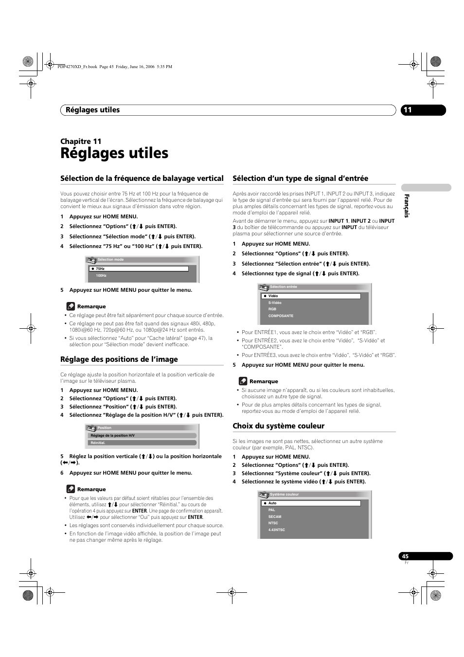 11 réglages utiles, Sélection de la fréquence de balayage vertical, Réglage des positions de l’image | Sélection d’un type de signal d’entrée, Choix du système couleur, Réglages utiles, Réglages utiles 11, Chapitre 11 | Pioneer PDP-4270XD User Manual | Page 103 / 176