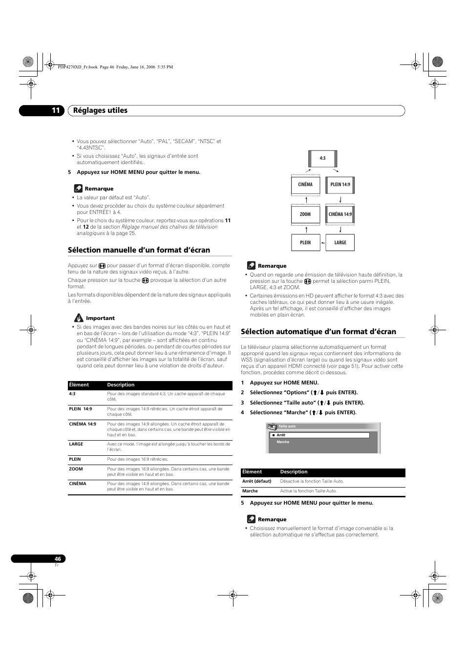 Sélection manuelle d’un format d’écran, Sélection automatique d’un format d’écran, Réglages utiles 11 | Pioneer PDP-4270XD User Manual | Page 104 / 176