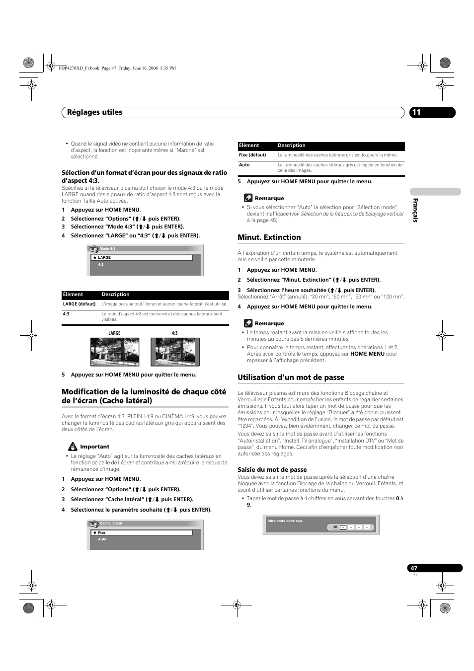 Minut. extinction, Utilisation d’un mot de passe, Saisie du mot de passe | Réglages utiles 11 | Pioneer PDP-4270XD User Manual | Page 105 / 176
