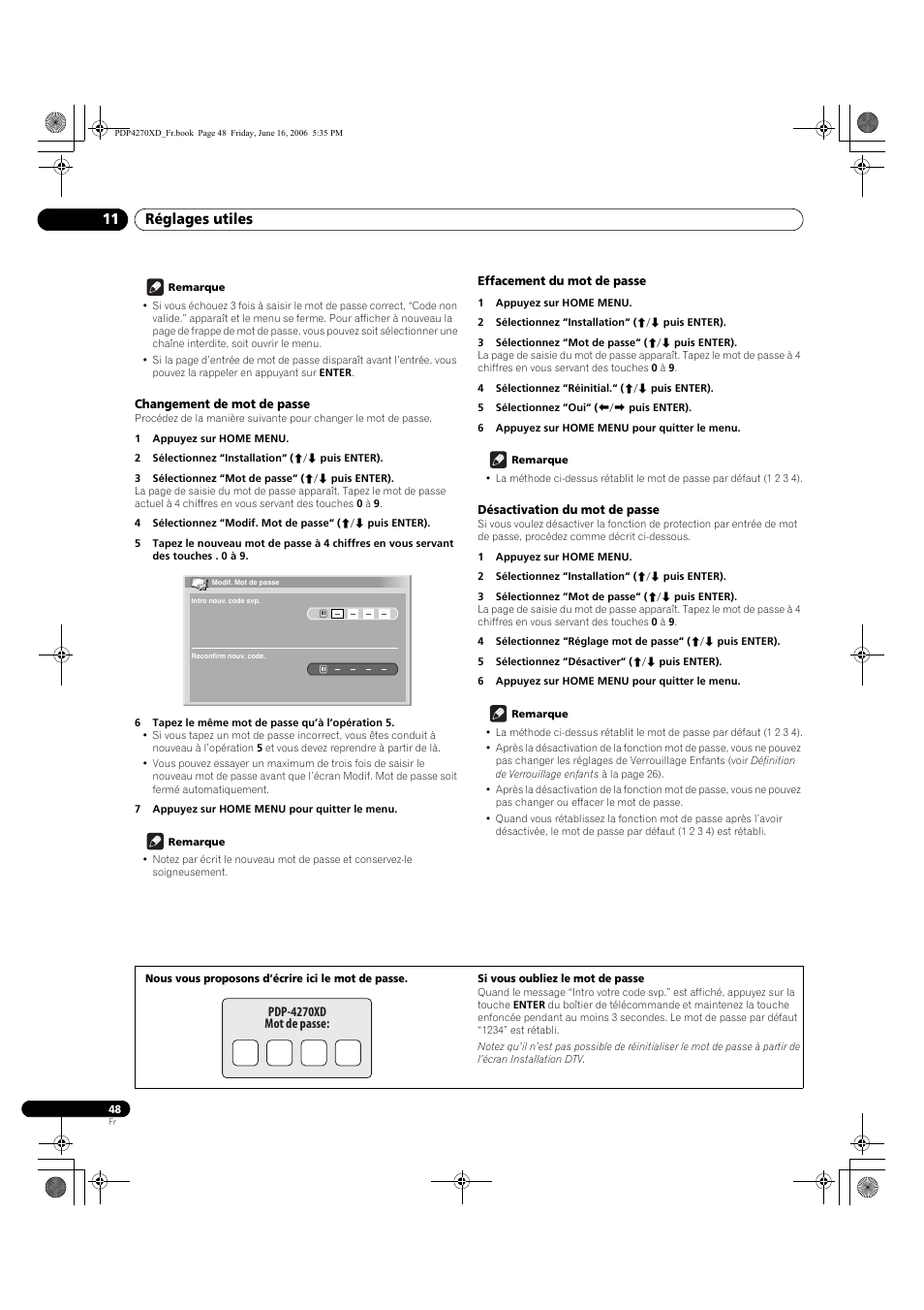 Changement de mot de passe, Effacement du mot de passe, Désactivation du mot de passe | Réglages utiles 11 | Pioneer PDP-4270XD User Manual | Page 106 / 176