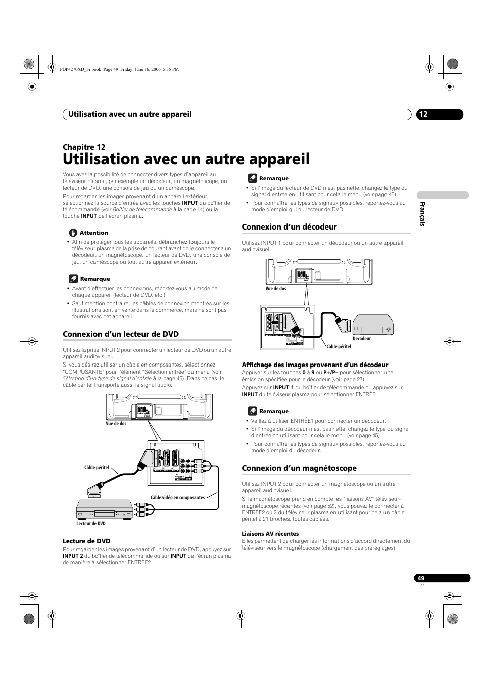 12 utilisation avec un autre appareil, Connexion d’un lecteur de dvd, Lecture de dvd | Connexion d’un décodeur, Affichage des images provenant d’un décodeur, Connexion d’un magnétoscope, Utilisation avec un autre appareil | Pioneer PDP-4270XD User Manual | Page 107 / 176