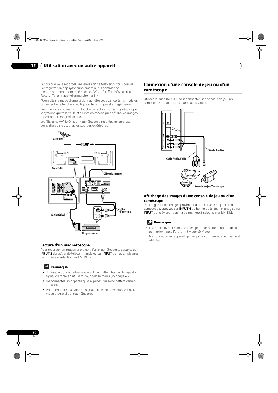 Lecture d’un magnétoscope, Connexion d’une console de jeu ou d’un caméscope, Utilisation avec un autre appareil 12 | Pioneer PDP-4270XD User Manual | Page 108 / 176