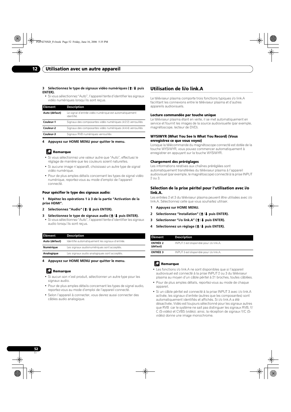 Utilisation de li/o link.a, Utilisation avec un autre appareil 12 | Pioneer PDP-4270XD User Manual | Page 110 / 176