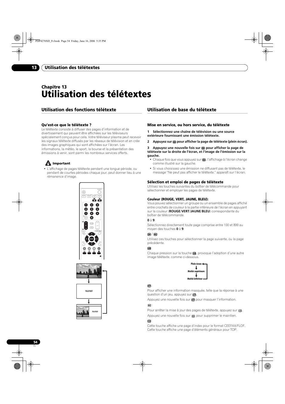 13 utilisation des télétextes, Utilisation des fonctions télétexte, Qu’est-ce que le télétexte | Utilisation de base du télétexte, Mise en service, ou hors service, du télétexte, Utilisation des télétextes, Utilisation des télétextes 13, Chapitre 13 | Pioneer PDP-4270XD User Manual | Page 112 / 176