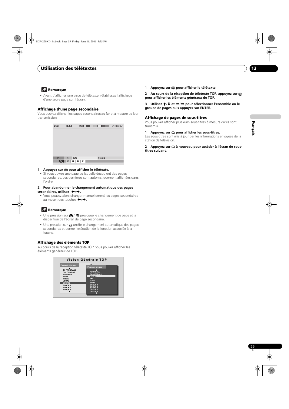 Affichage des éléments top, Utilisation des télétextes 13 | Pioneer PDP-4270XD User Manual | Page 113 / 176