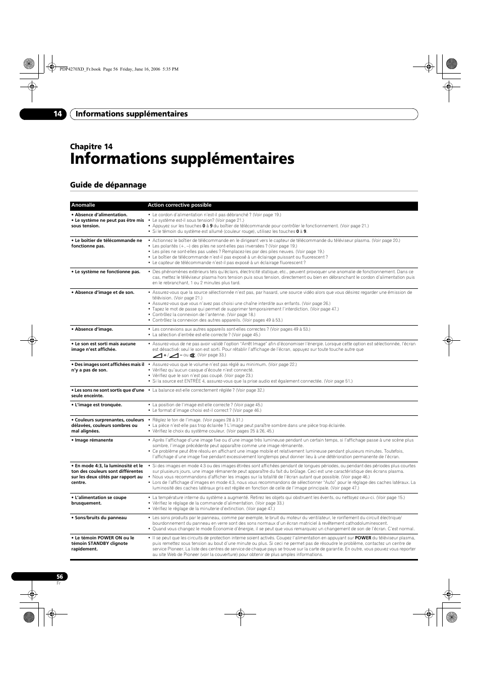 14 informations supplémentaires, Guide de dépannage, Informations supplémentaires | Informations supplémentaires 14, Chapitre 14 | Pioneer PDP-4270XD User Manual | Page 114 / 176