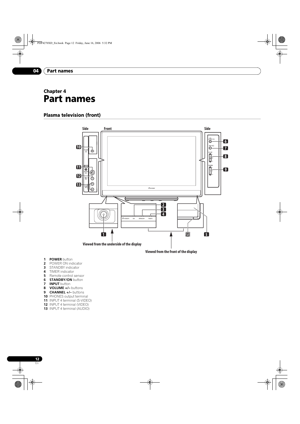 04 part names, Plasma television (front), Part names | Pioneer PDP-4270XD User Manual | Page 12 / 176