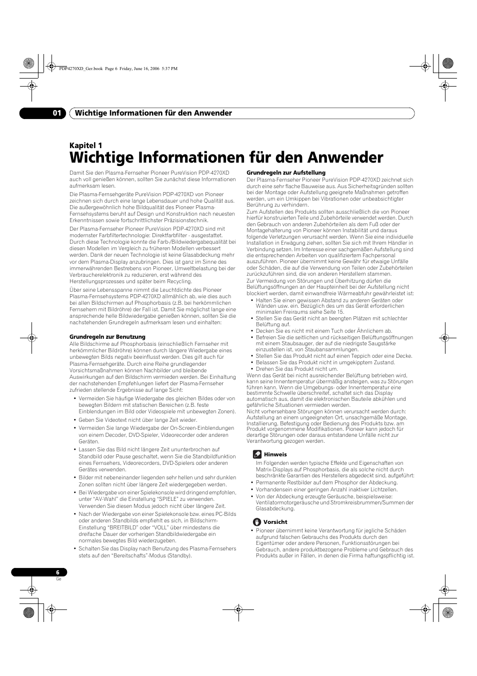 01 wichtige informationen für den anwender, Wichtige informationen für den anwender | Pioneer PDP-4270XD User Manual | Page 122 / 176