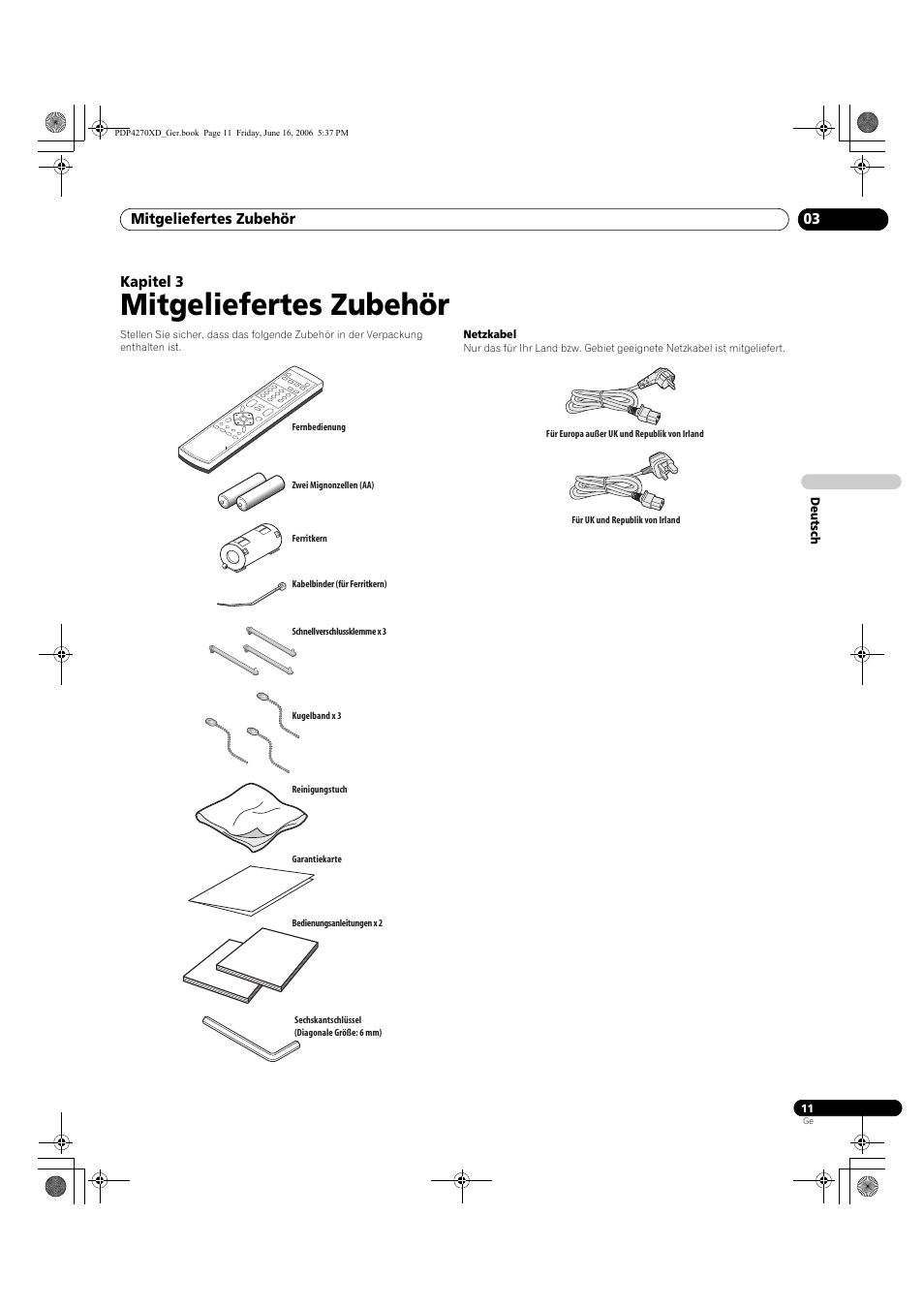 03 mitgeliefertes zubehör, Mitgeliefertes zubehör | Pioneer PDP-4270XD User Manual | Page 127 / 176