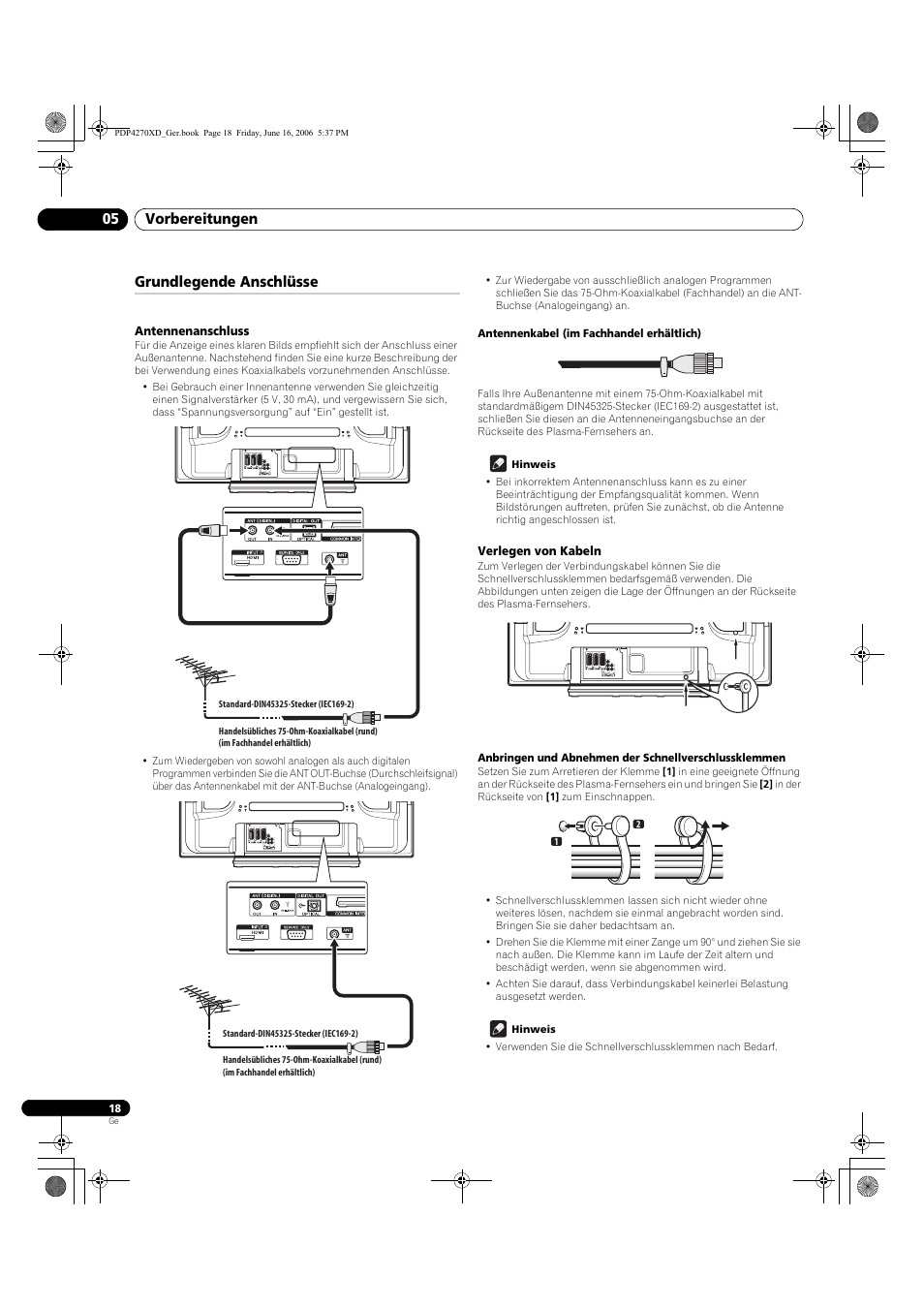 Grundlegende anschlüsse, Antennenanschluss, Verlegen von kabeln | Vorbereitungen 05 | Pioneer PDP-4270XD User Manual | Page 134 / 176