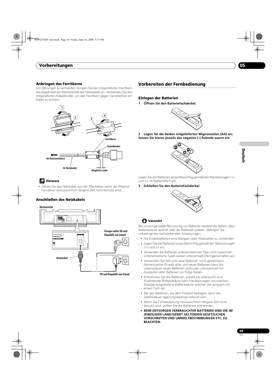 Anbringen des ferritkerns, Anschließen des netzkabels, Vorbereiten der fernbedienung | Einlegen der batterien, Vorbereitungen 05 | Pioneer PDP-4270XD User Manual | Page 135 / 176