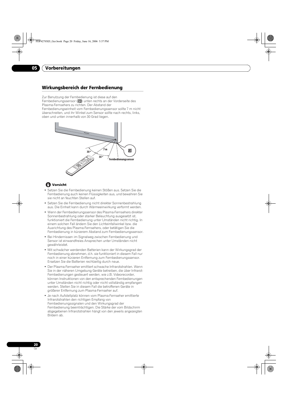 Wirkungsbereich der fernbedienung, Vorbereitungen 05 | Pioneer PDP-4270XD User Manual | Page 136 / 176