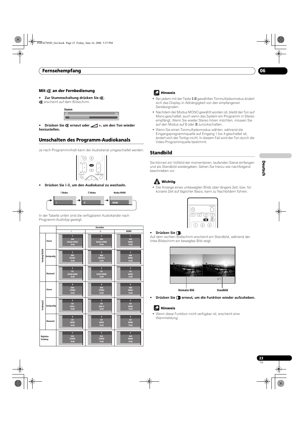 E an der fernbedienung, Umschalten des programm-audiokanals, Standbild | Fernsehempfang 06, Deutsch mit e an der fernbedienung | Pioneer PDP-4270XD User Manual | Page 139 / 176