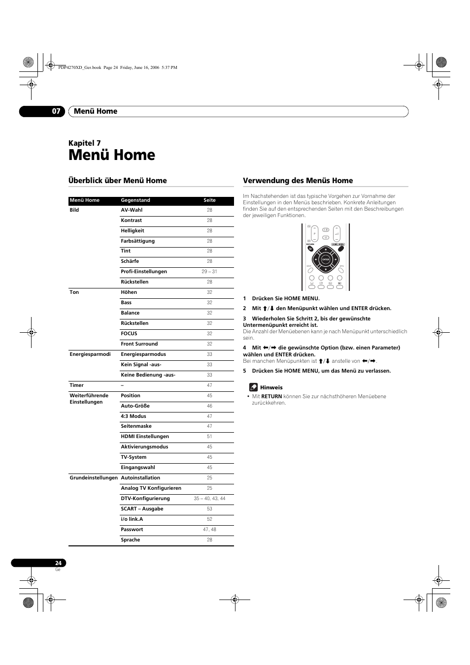 07 menü home, Überblick über menü home, Verwendung des menüs home | Menü home, Menü home 07, Kapitel 7, Überblick über menü home verwendung des menüs home | Pioneer PDP-4270XD User Manual | Page 140 / 176