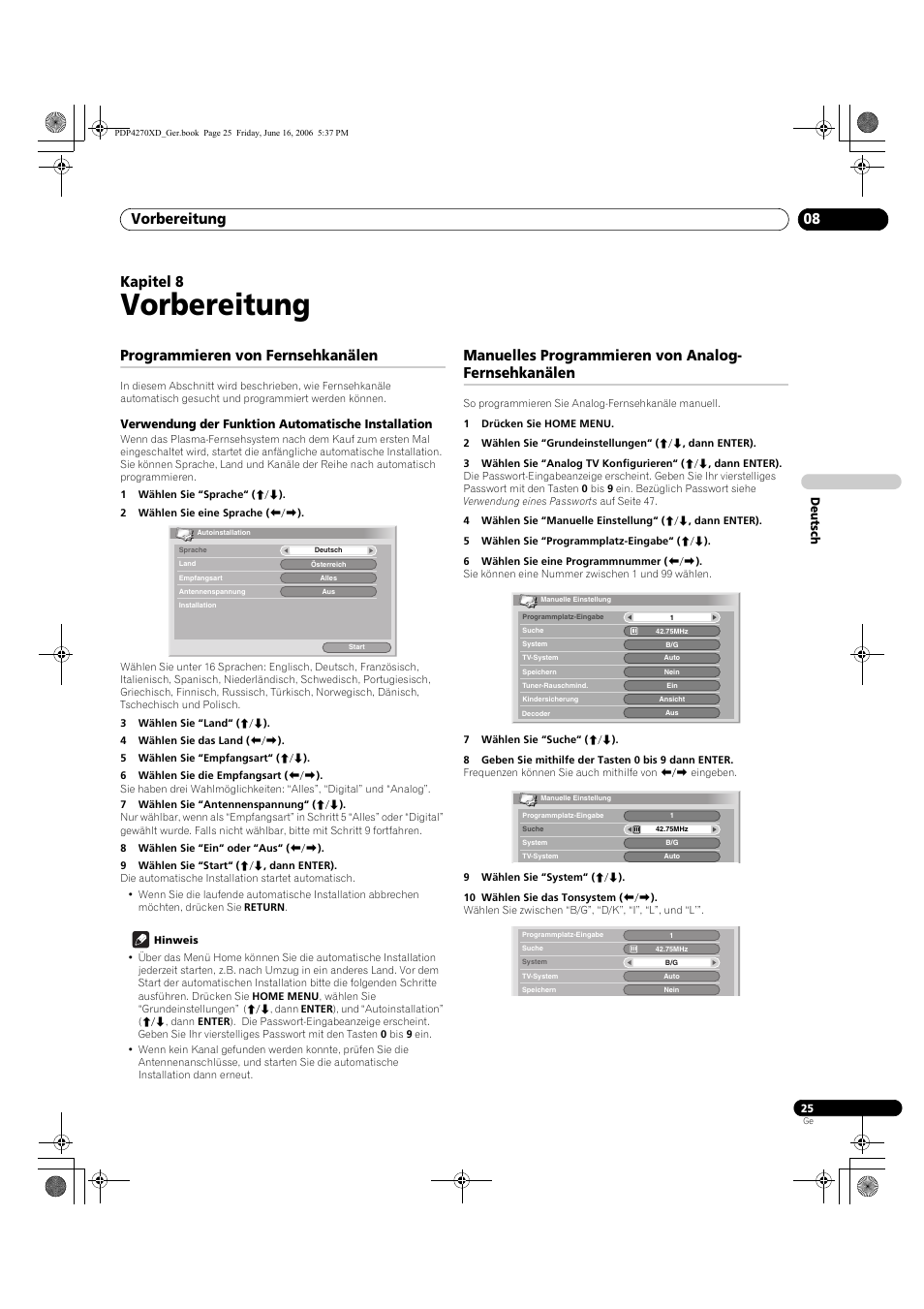 08 vorbereitung, Programmieren von fernsehkanälen, Verwendung der funktion automatische installation | Manuelles programmieren von analog-fernsehkanälen, Vorbereitung, Vorbereitung 08, Kapitel 8, Manuelles programmieren von analog- fernsehkanälen | Pioneer PDP-4270XD User Manual | Page 141 / 176