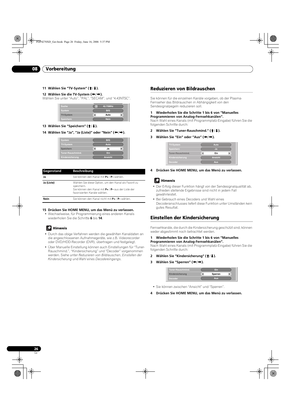 Reduzieren von bildrauschen, Einstellen der kindersicherung, Vorbereitung 08 | Pioneer PDP-4270XD User Manual | Page 142 / 176