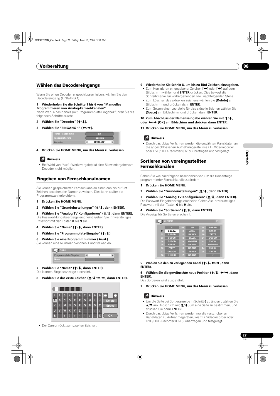 Wählen des decodereingangs, Eingeben von fernsehkanalnamen, Sortieren von voreingestellten fernsehkanälen | Vorbereitung 08, Deutsch | Pioneer PDP-4270XD User Manual | Page 143 / 176