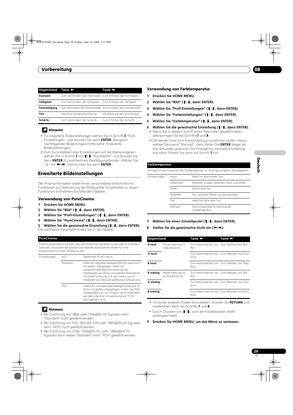 Erweiterte bildeinstellungen, Verwendung von purecinema, Verwendung von farbtemperatur | Vorbereitung 08 | Pioneer PDP-4270XD User Manual | Page 145 / 176