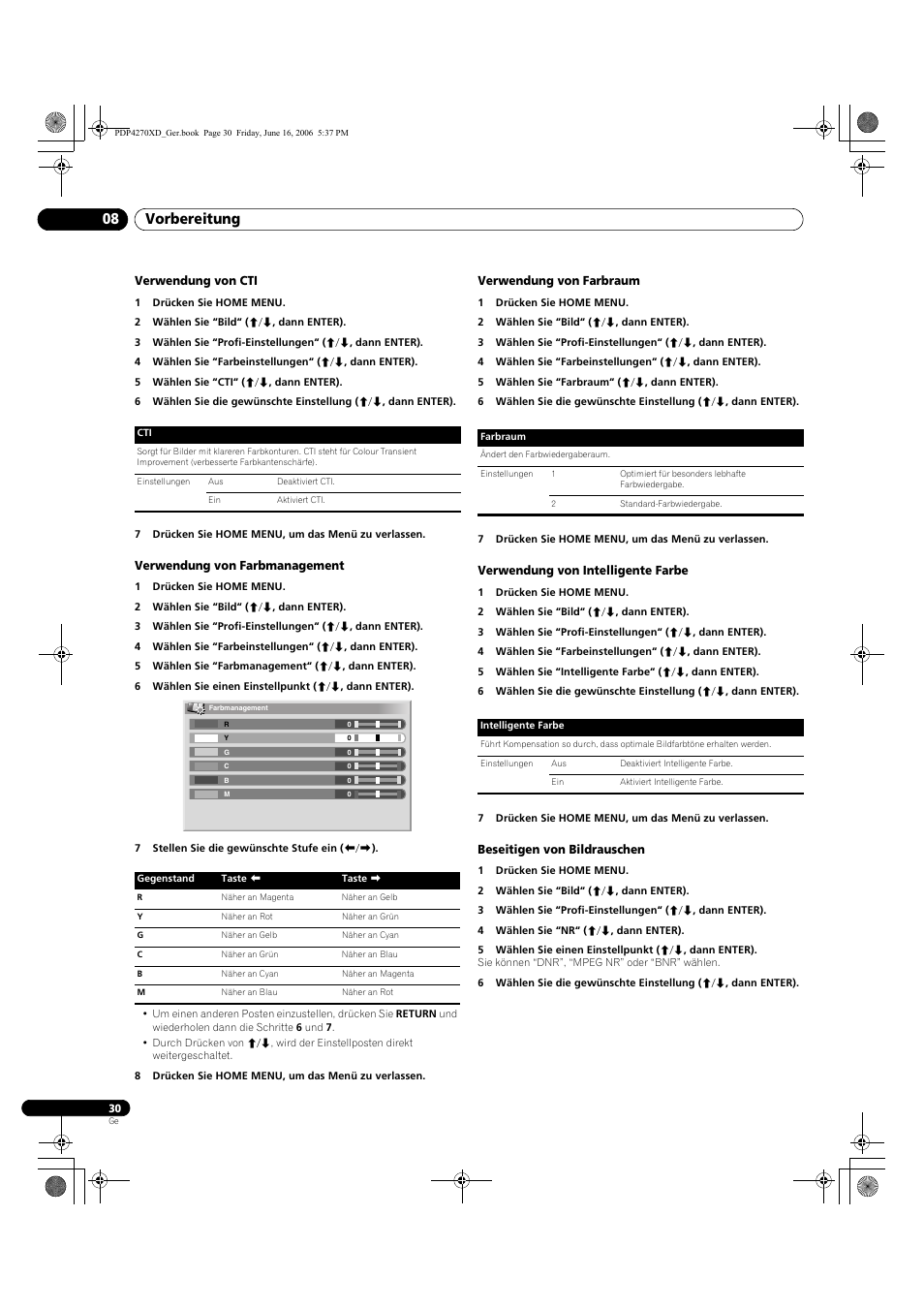 Verwendung von cti, Verwendung von farbmanagement, Verwendung von farbraum | Verwendung von intelligente farbe, Beseitigen von bildrauschen, Vorbereitung 08 | Pioneer PDP-4270XD User Manual | Page 146 / 176