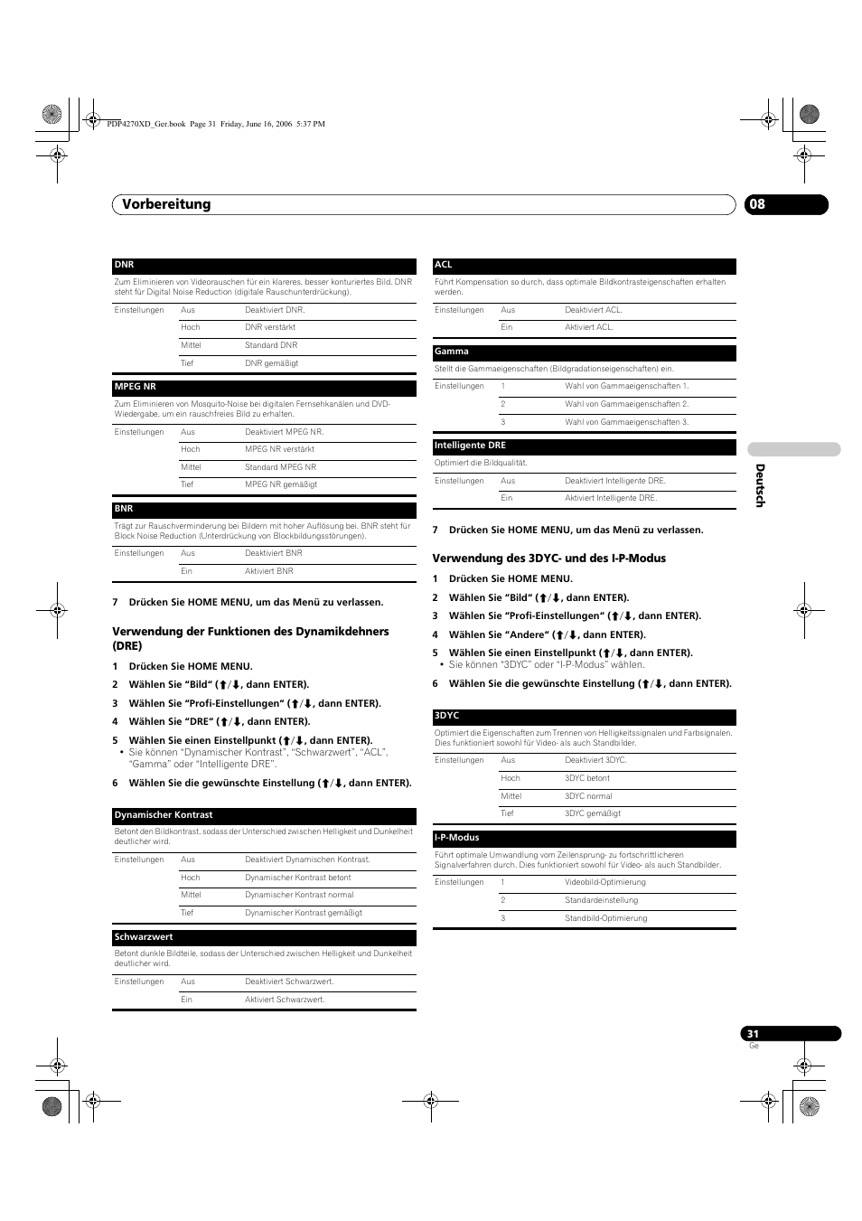 Verwendung der funktionen des dynamikdehners (dre), Verwendung des 3dyc- und des i-p-modus, Vorbereitung 08 | Pioneer PDP-4270XD User Manual | Page 147 / 176
