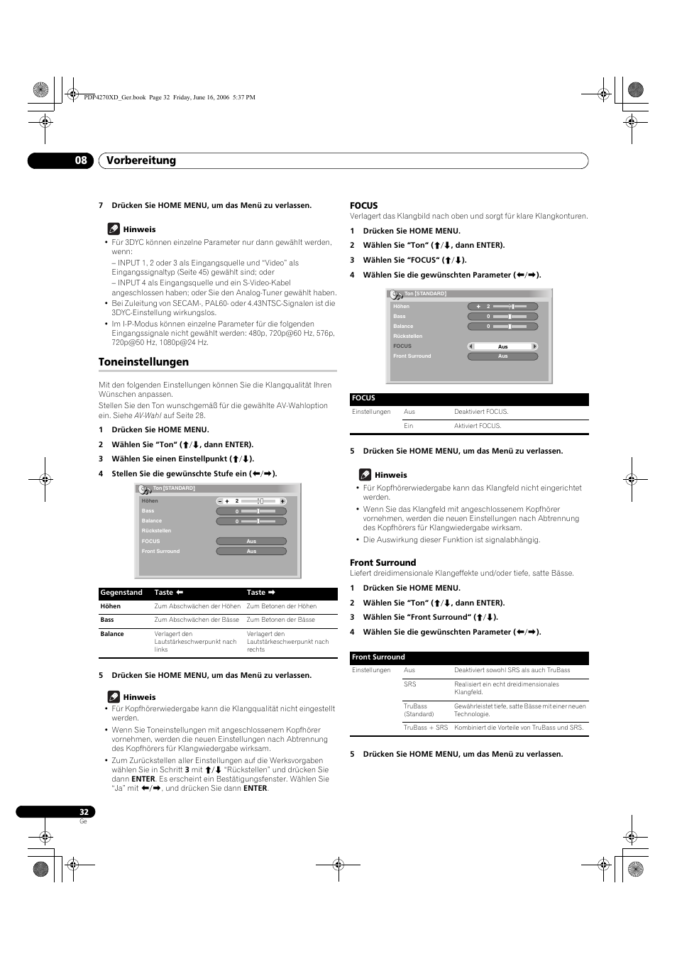 Toneinstellungen, Focus, Front surround | Vorbereitung 08 | Pioneer PDP-4270XD User Manual | Page 148 / 176