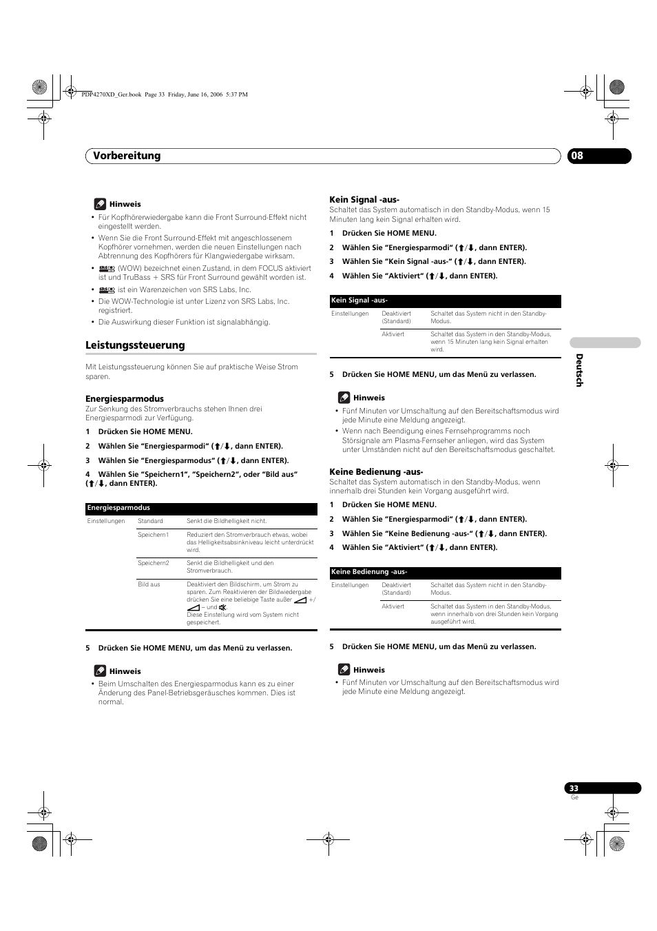 Leistungssteuerung, Energiesparmodus, Kein signal -aus | Keine bedienung -aus, Vorbereitung 08 | Pioneer PDP-4270XD User Manual | Page 149 / 176